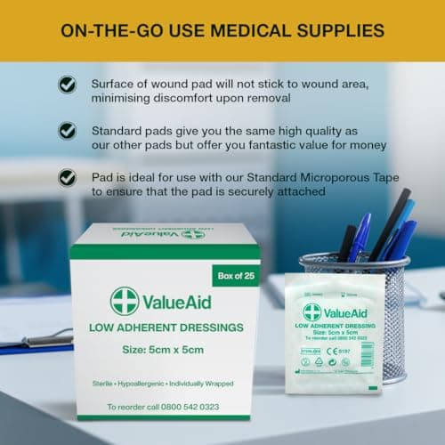 Value Aid Low Adherent Dressing Pads - 5cm x 5cm Hypoallergenic Sterile Wound Care, Non-Stick Surface for Gentle Removal - Individually Wrapped Medical Dressings for Cuts & Grazes (25 Pack) — view 5