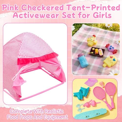 25 Pcs Doll Clothes Travel Camping Tent Compatible, 1 Tent 1 Dress 1 Fashion 1 Leisure 3 Shoes 10 Picnic Food Toy 8 Outdoor Accessories Playset Set for 11.5 Inch Doll Girls Gift — view 3