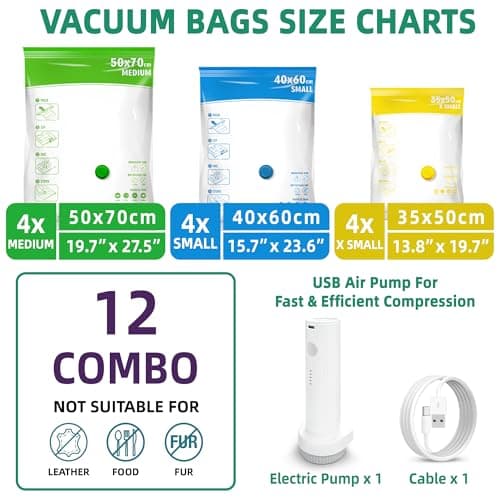 STORAGE MASTER Space Saver Bags for Travel and Home Reusable Vacuum Storage Bags Save 80% More Storage Space, 12 Pack, with Electric Pump — view 3