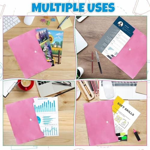 M1SS Pack of 10 Plastic Wallets A4 [33 x 23cm] Waterproof Plastic Folders for Documents Pink Popper Wallet A4 with Snap Button for Home, Office, School and Travel Stationary Paper Filing — view 5