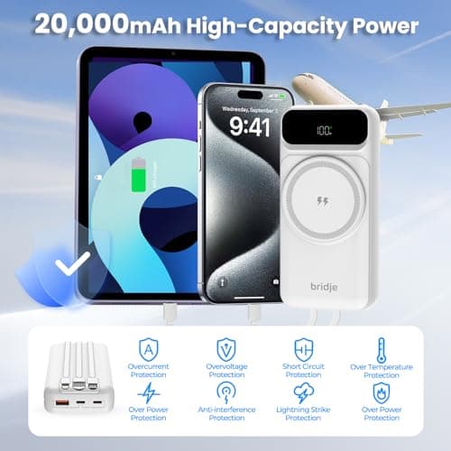 Bridje Magnetic Power Bank 20000mAh Wireless & Wired Portable Charger with 3 Built-In Cables, LCD Display, 22.5W Fast Charging for iPhone, Android Phones, Tablets & USB-C Devices – White — view 2