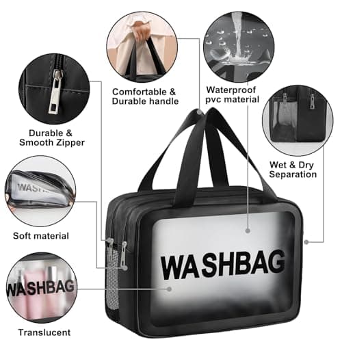 Clear Toiletry Bag, Wet Dry Separation PVC Makeup Cosmetic Bag, Large Capacity PVC Wash Bags with Handles for Women Girls Black — view 4