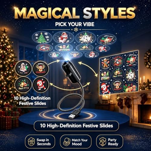 HD 5D Holographic Christmas Night Light Projector, Christmas Projector Lights, USB Plug & Play 360° Rotating Ceiling Lamp with 10 Festive Slides, Dynamic Holiday Scene for Bedroom, Living Room — view 4