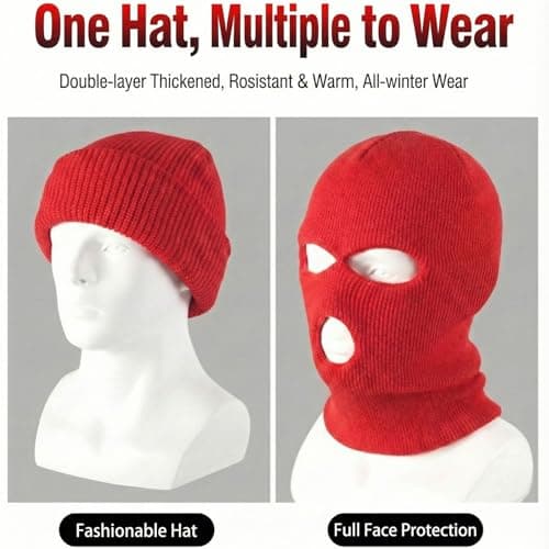 Tabanzhe Men's Balaclava - Winter Knit Head Cover for Outdoor Activities, 3-Hole Full Face Mask Windproof and Warm Cycling Hat for Men Women Skiing Cycling and More（Red） — view 4