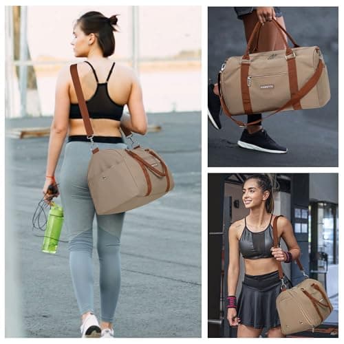 FIORETTO Womens Gym Sports Bag Travel Bag with Shoes Compartment & Wet Pocket, Weekend Overnight Duffle Hospital Bag Carry On Holdall for Travel Swimming Khaki — view 6