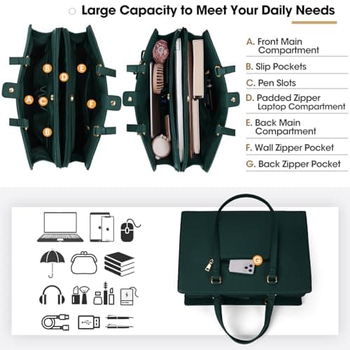 NEWHEY Laptop Tote Bags for Women 15.6 Inch Ladies Leather Laptop Handbags Designer Office Shoulder Bag Womens for Work School Business Shopping Green — view 3