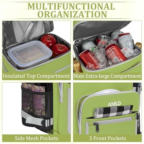 Insulated Backpack Bag 30L for Camping, Picnic, BBQ, Beach, Hiking, Green — view 3