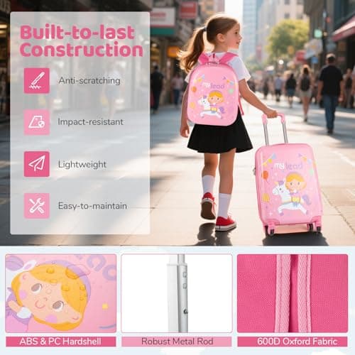 GYMAX 2Pcs Kids Luggage Set, 13" Backpack & 16" Children Hardshell Suitcase with Wheels & Telescopic Handle, Boys Girls Carry On Luggage Set for Travel School (Pink) — view 5
