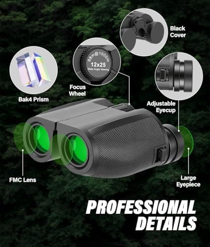 PAHTTO 12 x 25 Compact Binoculars Portable, Mini Binoculars Small Low Light Clear Foldable Pocket Binoculars - Ideal for Sports Games Bird Watching Travel Hunting Concerts — view 3