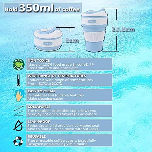 AniSqui Collapsible Coffee Cup Silicone with Lids 12oz 350ml (Blue) — view 2