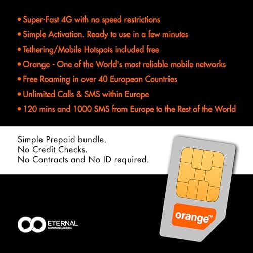 Preloaded Orange Travel Sim Card Now with 30GB of 4G Data, Unlimited Calls & Texts in Europe, 120 mins + 1000 SMS from Europe to Worldwide (Lasts for 14 Days). Tethering Allowed — view 3