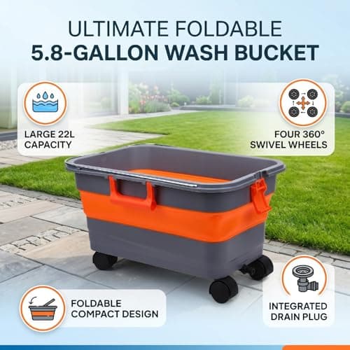 Spacnana Foldable Water Bucket, 5.8 Gallon 22L Collapsible Wash Bucket with Wheels Drain Plug and Universal Adapters, for Car Washing Camping Pet Bathing Outdoor Cleaning — view 5