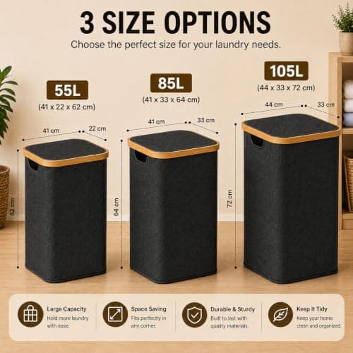 Bamboo Laundry Basket,Removable Bag, Foldable Clothes Hamper,Charcoal, 85L — view 4
