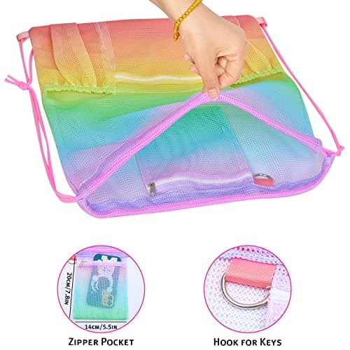 Nidoul Mesh Drawstring Bag with Zipper Pocket, Beach Bag for Swimming Gear Backpack Gym Storage Bag for Adult Kids, Rainbow — view 3