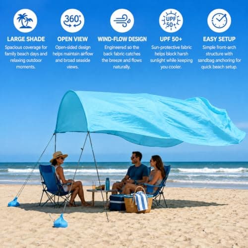 3m x 3m Beach Canopy Sun Shelter, Lightweight Beach Tent with Pre-Attached Sandbags & Thick Wind Ropes, Easy Setup Portable Beach Shade for Family, Garden & Outdoor (Blue, 3m × 3m) — view 2