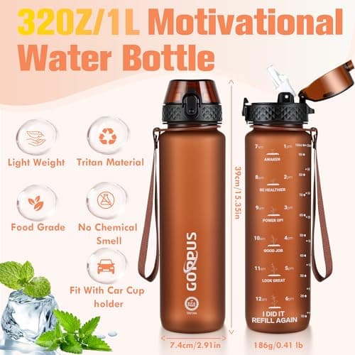 GOPPUS 1L/32oz Tritan Water Bottle with Straw-Soft Matte Finish Leakproof Drink Bottle with Measurements Bottles with Flip Top Motivational Bottles with Time Marks for Adults BPA Free (Brown) — view 2