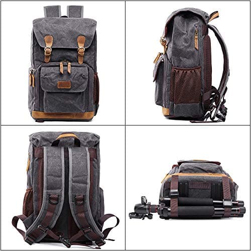 YUHAN Camera Bag, Canvas SLR DSLR Camera Backpack Large Capacity Front Open Waterproof Anti-shock Camera Rucksack Camera Travel Bag Professional Camera Lens Organizer Gray — view 2