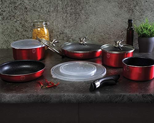 12 Pcs Colorful Space Saving Cookware Frying Pan Sauce Pan Casserole Pot Set Induction Lid Handles (Red) — view 2