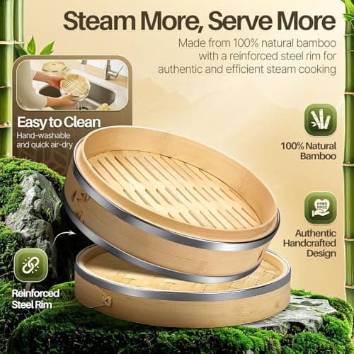 Flexzion 8-Inch Bamboo Steamer Basket Set with Stainless Steel Banding — view 2