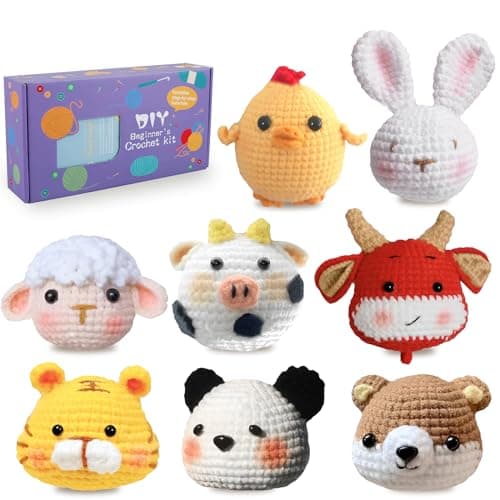 ZEJEXXB 8Pcs Crochet Kits for Beginners Adults Crochet Animal Starter Kit DIY Knitting Kit with Step-by-Step Video Tutorials Gifts for Crochet Lovers