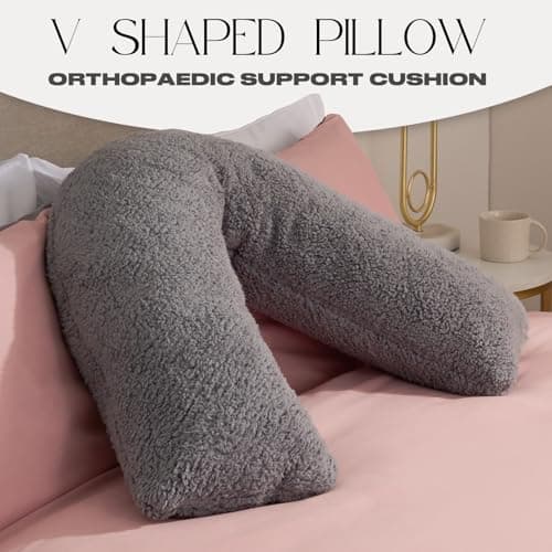 OHS V Pillow Teddy Fleece Grey, Support Pillow for Sleeping Relaxing Super Soft Warm Comfy Pillow Cuddle Cushion Orthopaedic V Shape for Bed Sofa, 80 x 60 x 25cm — view 3