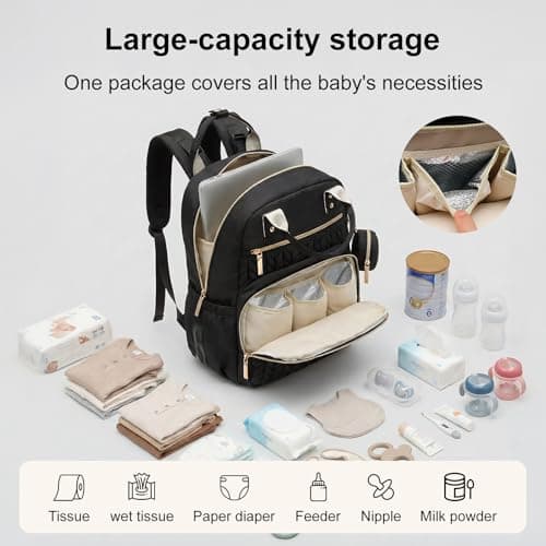 shaojian Baby Changing Bag Backpack, Quilted Waterproof Nappy Bag with Insulated Bottle Pockets & Pram Straps, Large Nappy Backpack with Portable Changing Mat for Travel & Walking(Black) — view 3