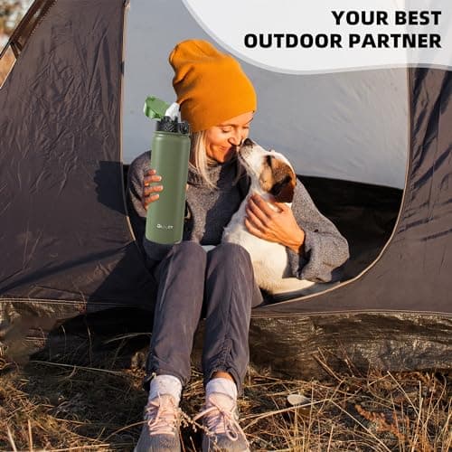 OLDLEY Stainless Steel Water Bottle with Straw 1L Vaccum Insulated Large Drink Flask Metal Water Bottles 1 Litre Leakproof Keep Drinks Hot Cold for Camping Sports Gym Adult Women Men(Olive, 1 Lid) — view 6