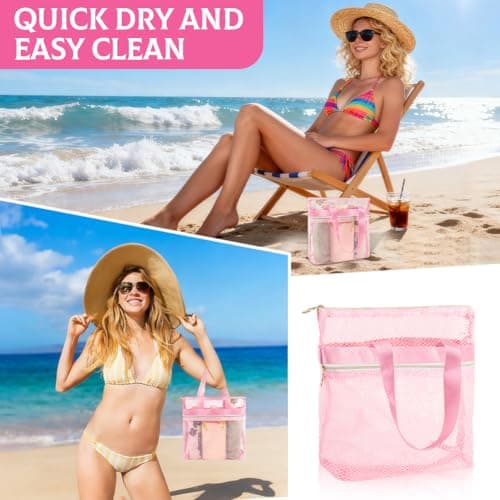OSDUE Mesh Shower Caddy Bag, 2PCS Portable Toiletry Tote Hanging Wash Bag with Zipper, Quick Dry Shower Tote Bag for College Dorms, Gym, Swimming, Beach, Camping, Travel(Pink) — view 5