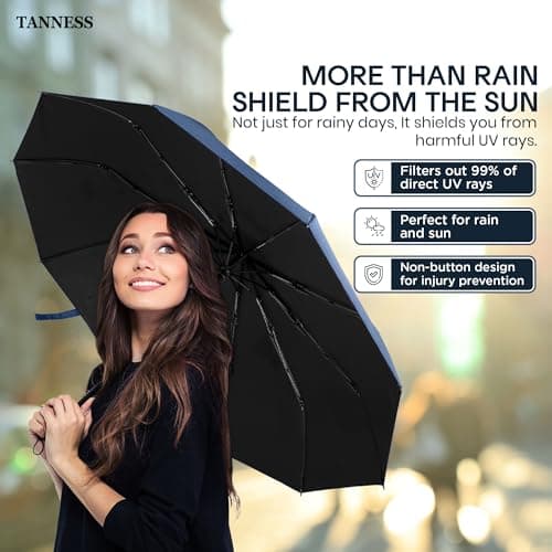 TANNESS Windproof Umbrella – 10-Rib Waterproof & Compact with Automatic Open/Close Function and Ergonomic Handle – Folding Mini - Strong for Wind and Rain (Blue) — view 4