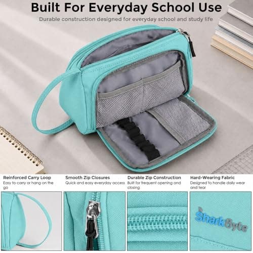 SharkByte Large Pencil Case Organiser, Big Capacity Aesthetic Stationery Storage Pouch with Compartments, Trendy Desk Setup Pen Holder for Students, Study, Makeup, Travel Essentials & Accessories Bag — view 4