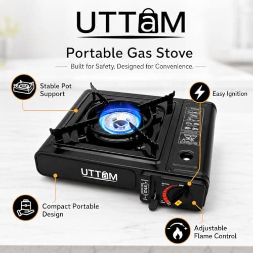 UTTAM Black Portable Camping Stove with Cary Case | EN417 Compliant Camping Portable Stove | Camping Stove with Automatic Ignition & Heat Control (Stove) — view 2