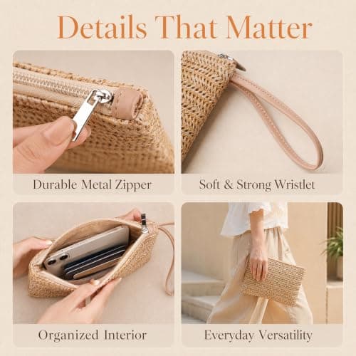 Dooaqiin Bohemian Straw Bags for Women UK, Woven Raffia Clutch Purse with Zipper Wristlet, Summer Beach Handbag for Vacation, Travel and Daily Use, Khaki — view 6