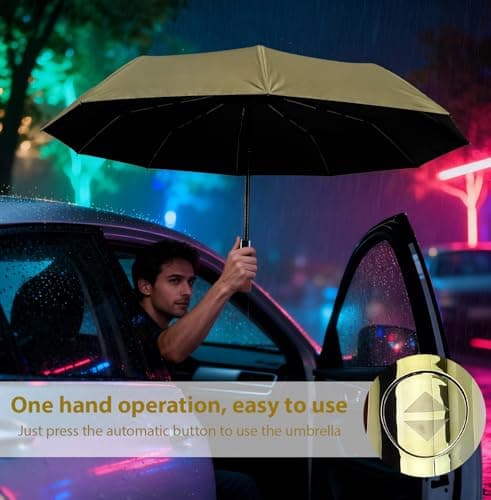 Pdyay 10 Ribs Folding Umbrellas Portable Windproof Waterproof Compact Umbrella with Auto Open and Close for Travel Outdoor Golfing Camping (Khaki) — view 3
