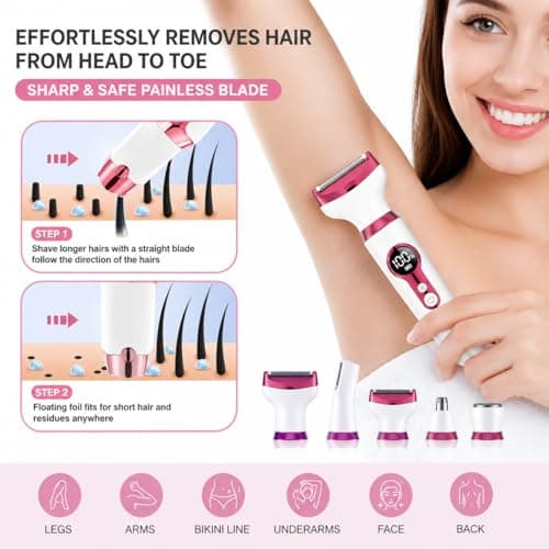 Lady Shavers for Women 5-in-1, MAVYRO Bikini Trimmer for Women with Facial, Nose and Eyebrow Trimmers, IPX7 Waterproof Wet & Dry Electric Shaver for Legs, Arms, Underarms, Face and Bikini Line — view 3