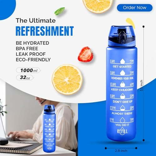 Active 100 Water Bottle 1L Sports Water Bottle with Motivational Time Marker, Dishwasher Safe Leak-proof Drink Bottle BPA Free Non-Toxic for Running,cycling, Gym, School & Office (Blue) — view 3