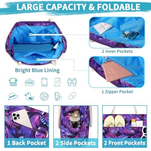 RAVUO Large Beach Bag for Women, 35L Water-Resistant Sandproof Tote with Floating Lining & 8 Pockets, Lightweight Foldable Family Beach Tote for Holiday, Pool, Gym & Travel — view 5