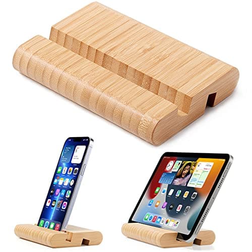 FadyDail Bamboo Tablet Stand Wooden Mobile Phone Stand for Desktop, Wood Tablet Holder Desk Cell Phone Holder Mobile Stand for iPad Tablets and All Phones (Large Size)