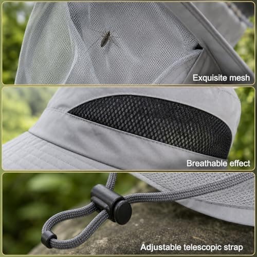Mosquito Head Net Hat for Men Women, Midge Net Hat with Breathable Mesh, Foldable Anti Mosquito Fishing Hat, Quick Dry Safari Sun Hat with Insect Face Net for Camping Hiking Gardening (Gray) — view 3