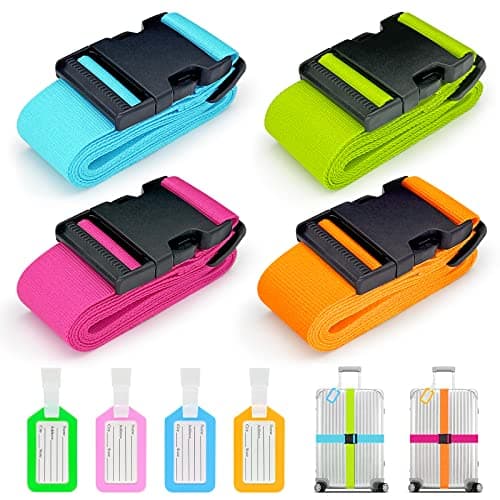 Aulese 4 Pack Luggage Straps, Adjustable Suitcase Straps with Luggage Labels, Easy to Spot Luggage Straps for Suitcases, Travel Accessories Band Luggage Belt for Baggage (4 Colours)
