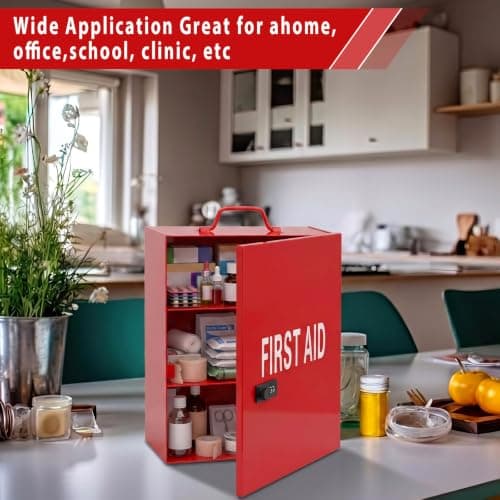 Timgle First Aid Kit with Combination Lock 3 Shelf Wall Mount Medicine Cabinet with Handle Locking Medical Cabinet Lightweight Medium Organizer Wall Steel Storage Box for Business and Worksite(Red) — view 6