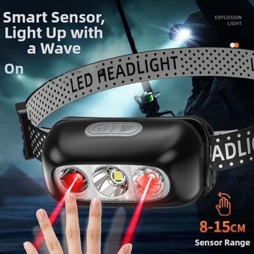 HomeVortex Head Torch Rechargeable LED Headlamp Motion Sensor 200m Beam Range Waterproof 3 Light Modes Led Head Torch for Running Camping Hiking Fishing(D) — view 2