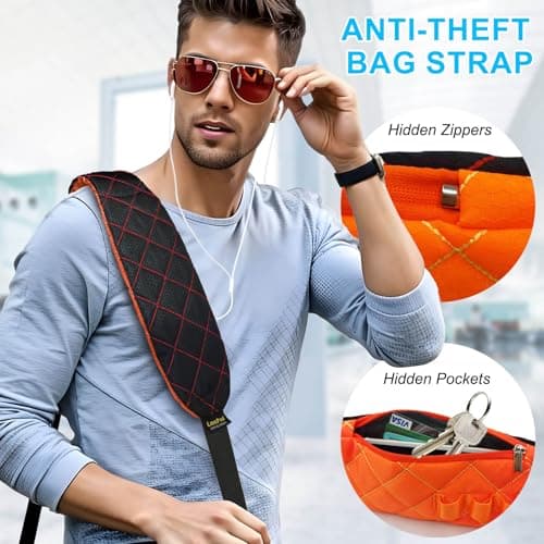 LONPAI Anti-Theft Shoulder Bag Strap with RFID-Blocking Pockets - 170 Lbs, Orange, 54" — view 6