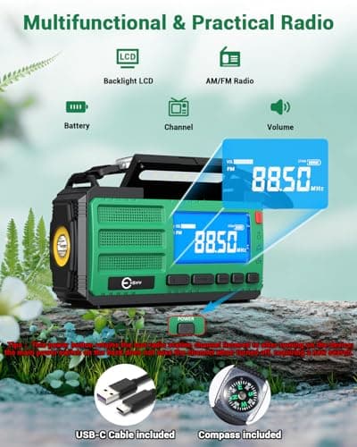 Esky 10000mAh Wind Up Radio, AM/FM Portable Rechargeable Emergency Radio, Flashlight, Reading Lamp, SOS Alarm & Compass, USB/Solar/Hand Crank Charging for Camping, Outdoor, Power Outage, as Gift — view 4