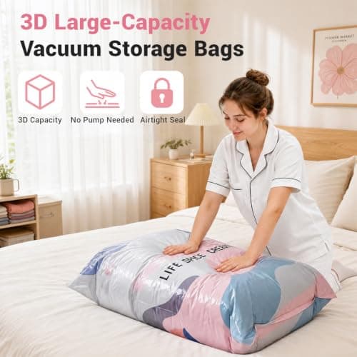 Vacuum Storage Bags, Large Capacity 3D Compression Bags for Clothes Duvet Bedding Blankets Comforters Pillows Travel & Home, No Pump Press & Seal Space Saver, Reusable Heavy Duty (3PACK, 70×50×30cm) — view 3