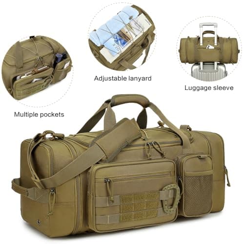 Tonruyn Tactical Duffle Bag Backpack for Men 40-45L Expandable Military Travel Duffel & Sports Holdall Gym Bag with Shoe Compartment Wet Pocket Medium Weekender Overnight for Camping Luggage, Brown — view 6