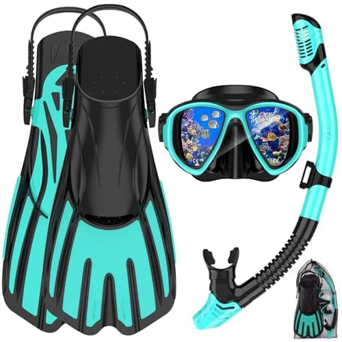 Snorkeling Gear for Adults,3 in 1 Snorkel Set with Panoramic View Diving Mask Anti-Fog Anti-Leak,Dry Top Snorkel,Fins and Travel Bag for Swimming,Snorkeling and Travel Diving