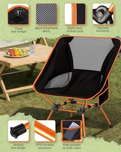 Trongle Ultra Lightweight Camping Chair for Adults, Portable Camping Chairs with Pocket & Carry Bag, Compact Heavy Duty Folding Chairs for Travel, Backpacking, Hiking, Picnics, Fishing (Orange) — view 3