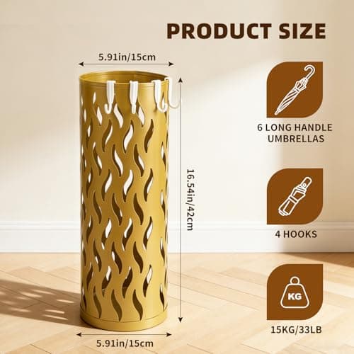 HUAXITRA Umbrella Stand Metal Umbrella Holder for Entryway, Umbrella Storage Rack with 4 Hooks Decor, Walking Stick Stand Indoor/Outdoors for Entryway Home, Office, 15 × 15 × 42cm (Gold) — view 3
