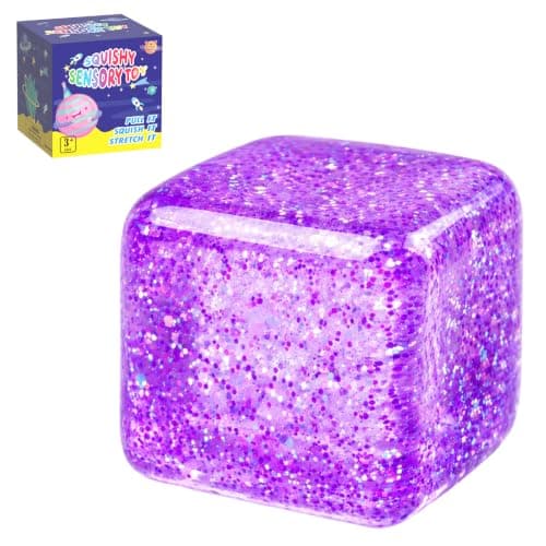 Glitter Squishy Cube Stress Relief Toy, Soft TPR Fidget Squeeze Toy(Purple)