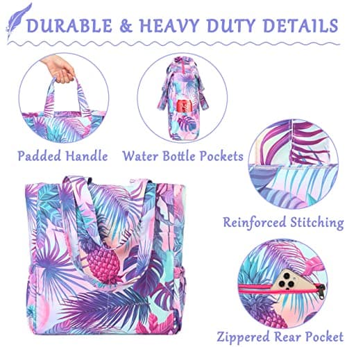 VASCHY Beach Bag for Women, Floral Lightweight Shoulder Tote Bag Foldable Water Resistant Sandproof Handbag Pool Gym Bag with Zip and Multi-pockets for Vacation, Travel(Purple Pineapple) — view 4